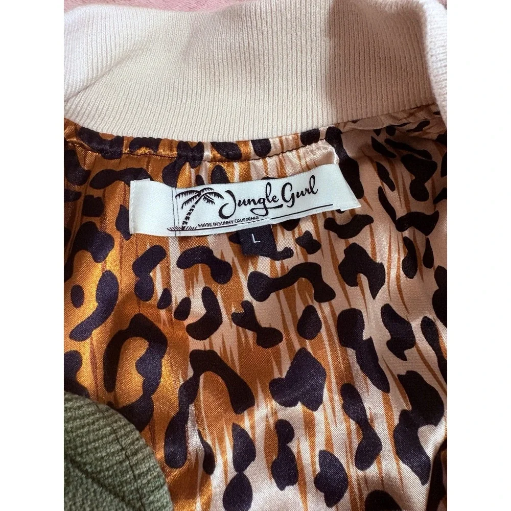 Jungle Gurl Jacket Jr Size Large Artsy Olive Green Banana Leaf Baseball Jacket‎